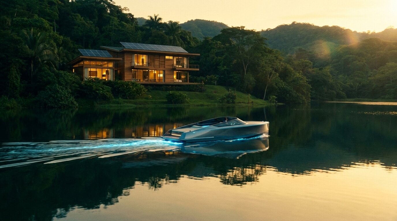 Bote eléctrico en el lago de la villa