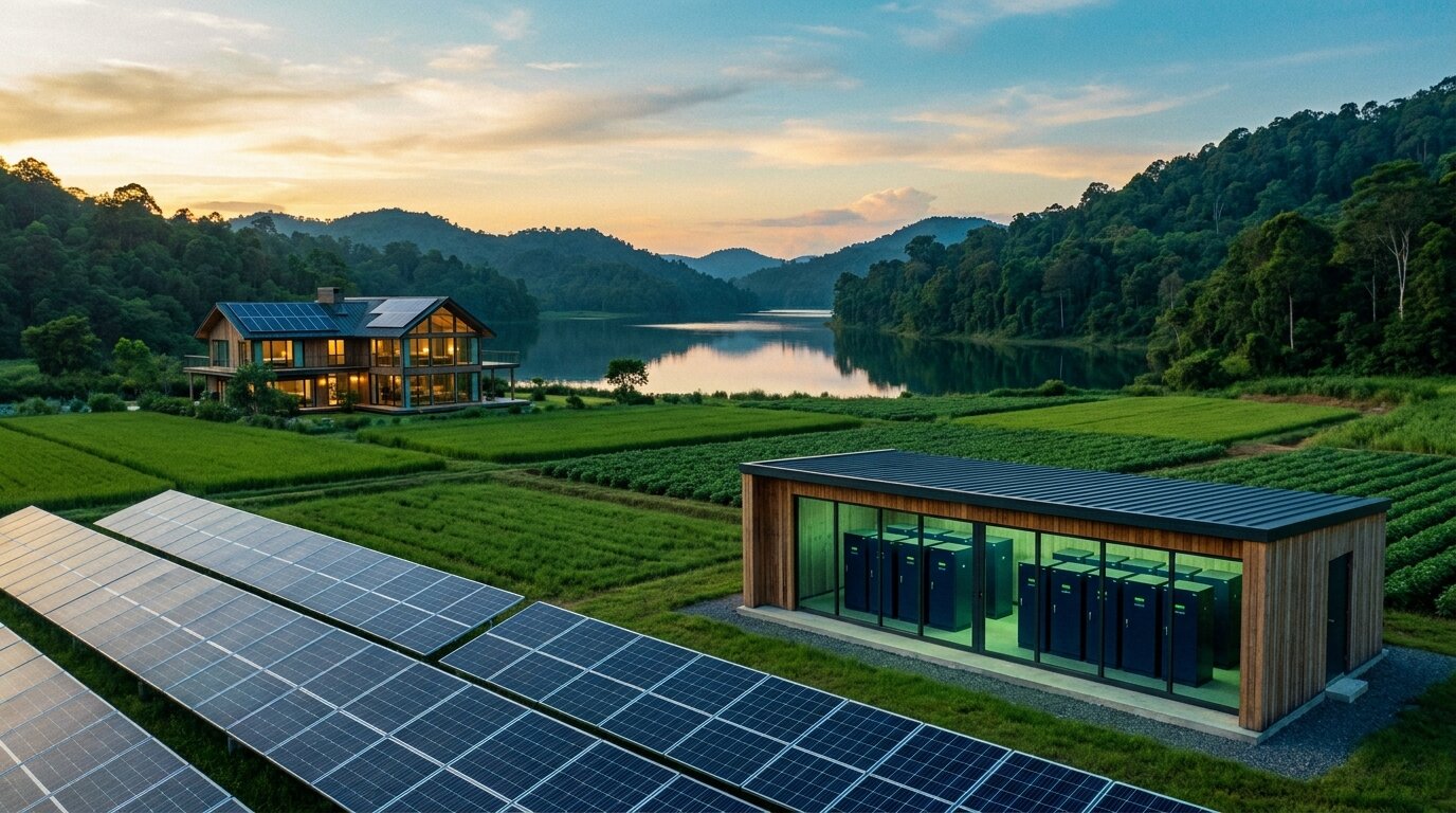 Banco de baterías e infraestructura solar junto al lago