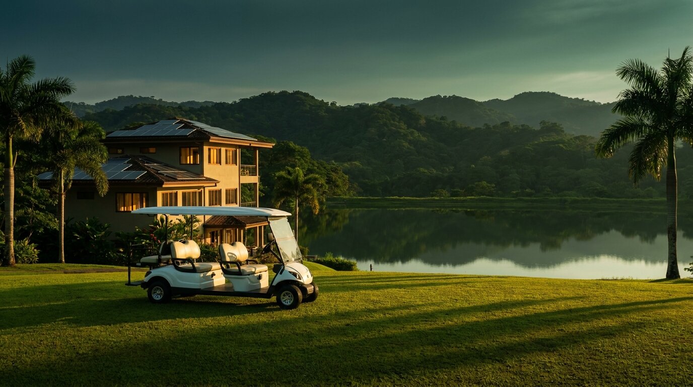 Carrito de golf eléctrico junto al lago de la villa
